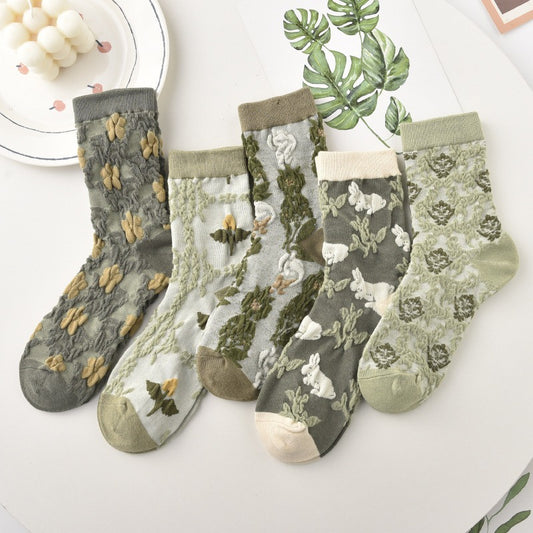 5 Pairs Of Vintage Socks Children's Medium Tube Pure Cotton Fashionable Socks Ethnic Pattern Long Tube Female Socks Spring And Autumn Cotton Socks