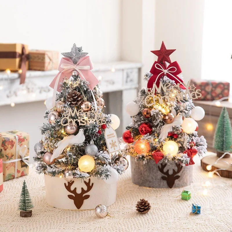 45/60cm Mini Christmas Tree With Lights DIY Desktop Golden Red Christmas Decorations  New Year Home Party Windows Ornaments