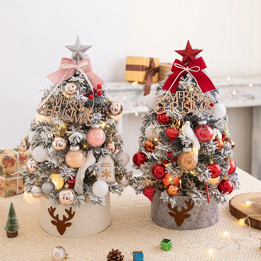 45/60cm Mini Christmas Tree With Lights DIY Desktop Golden Red Christmas Decorations  New Year Home Party Windows Ornaments